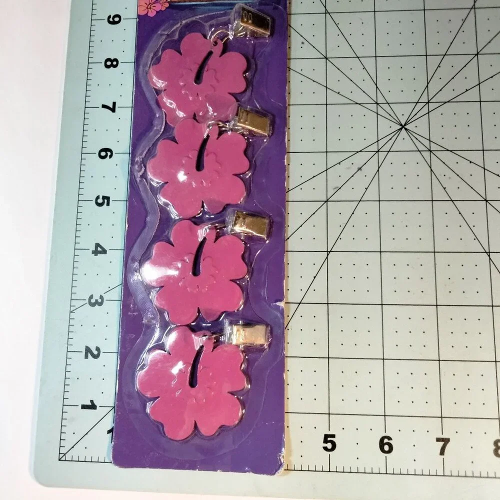 Luau Tablecloth Weights Hibiscus Flower Design 4 Pack Pink Metal Clip